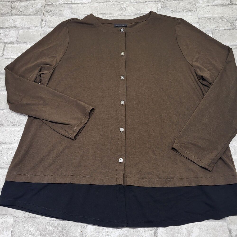 J. Jill Wearever A-line Blouse Tunic Size LG Petite Brown Black Button Down